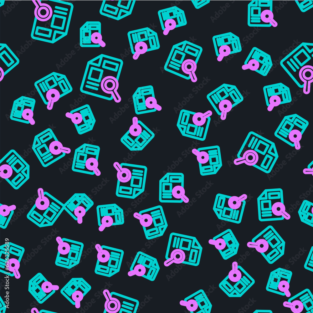 Poster line document with graph chart icon isolated seamless pattern on black background. report text file 