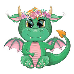 Cute cartoon green baby dragon with horns and wings. Symbol of 2024 according to the Chinese calendar