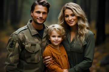 Fototapeta premium portrait of a happy family mom dad and child where dad is a military man in uniform