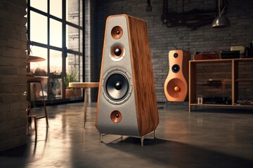 futuristic wood  and metal loud speaker system in a room