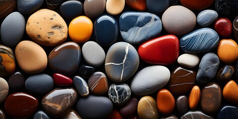a pebble beach, kaleidoscope image, red sand and colorful pebbles, various rock nature. intricate details 2