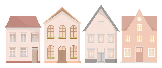 Set of cute houses, city buildings in scandinavian style. Exterior of cozy houses with windows and doors, European architecture. Flat vector illustration isolated on white background