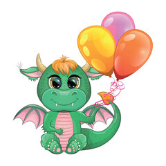 Cute cartoon green baby dragon with horns and wings. Symbol of 2024 according to the Chinese calendar