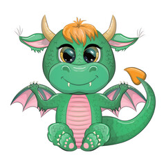 Naklejka premium Cute cartoon green baby dragon with horns and wings. Symbol of 2024 according to the Chinese calendar
