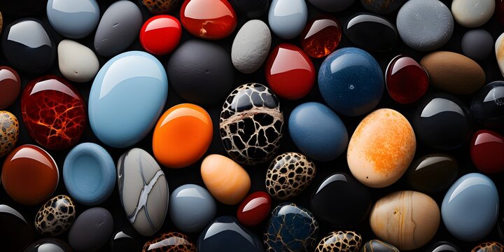 a pebble beach, kaleidoscope image, red sand and colorful pebbles, various rock nature. intricate details 