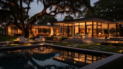 Fototapeta premium Generative AI, View of swimming pool in front of a modern luxury house illuminated in the evening