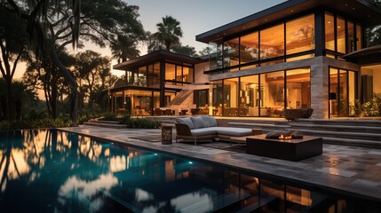 Generative AI, View of swimming pool in front of a modern luxury house illuminated in the evening