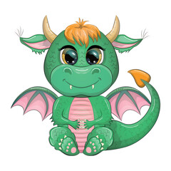 Cute cartoon green baby dragon with horns and wings. Symbol of 2024 according to the Chinese calendar
