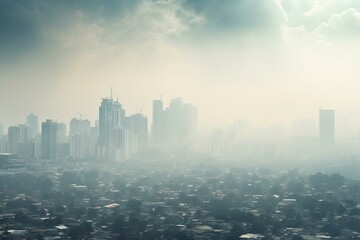 A wide cityscape displaying Bangkok's skyline filled with smog and pm2.5 air pollution. Generative AI