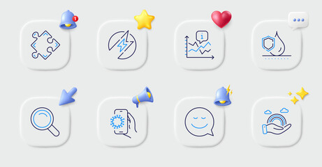 Waterproof, Search and Chart line icons. Buttons with 3d bell, chat speech, cursor. Pack of Electric energy, Covid app, Smile icon. Strategy, Lgbt pictogram. For web app, printing. Vector