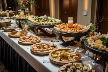 Exquisite wedding buffet featuring mini gourmet sliders, elegantly set table, and delectable restaurant-style cuisine. Ideal for lavish catered banquets. Generative AI