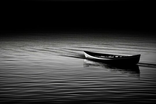 abstract black and white image of a single rowing boat on the ocean. Generative AI