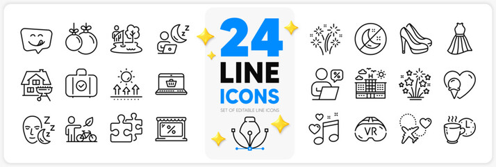 Icons set of Shoes, Yummy smile and Home grill line icons pack for app with Sleep, Hotel, Insomnia thin outline icon. Carry-on baggage, Coffee break, Puzzle pictogram. Dress. Vector
