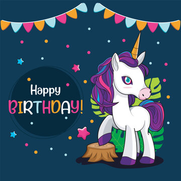 Happy Birthday Greeting Card with tree and cute little unicorns vector illustration