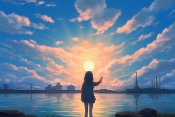 Fototapeta premium anime girl on the beach at sunset