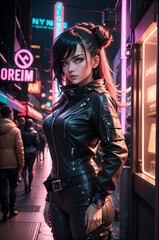 Woman standing in the city, neon lights