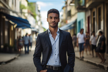 Obraz premium Diverse Paths of Success: Business Executive Lawyer Woman and Entrepreneur Brazilian Man Standing on the Sidewalk
