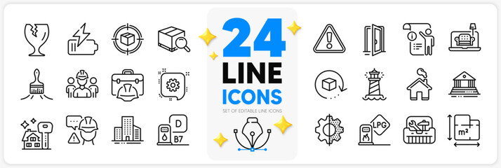Icons set of Warning, Home and Diesel station line icons pack for app with Fragile package, Builder warning, Brush thin outline icon. Lighthouse, Cogwheel, Court building pictogram. Vector