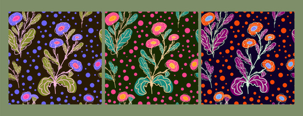 Daisies in doodle style. Vector seamless pattern, pattern collection