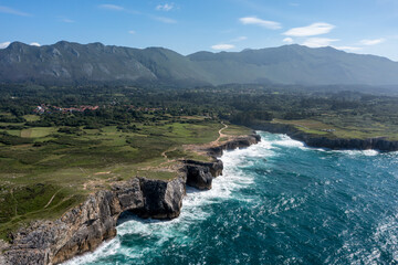 Bufones de Pria, aerial view with mountains in the background