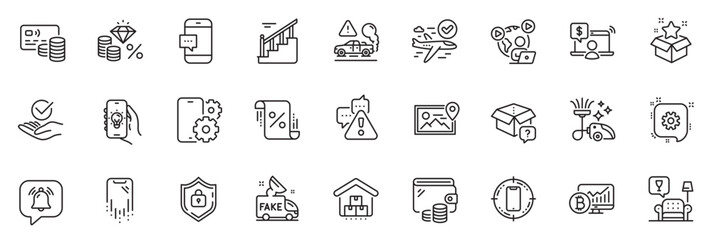 Icons pack as Exhaust, Photo location and Vacuum cleaner line icons for app include Smartphone message, Card, Online shopping outline thin icon web set. Smartphone target. Exhaust outline sign. Vector