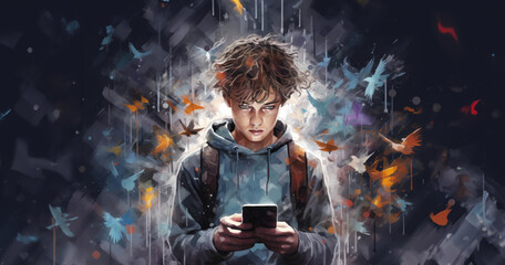 A young boy using social media or gaming on a cellphone or mobile phone. Online safety. A mix of emotions and mayhem surrounds the child. Social media addiction and manipulation.. - obrazy, fototapety, plakaty