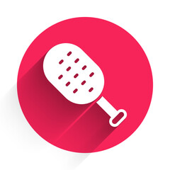 White Sauna brush icon isolated with long shadow background. Wooden brush with coarse bristles for washing in the bath. Anti cellulite massage. Red circle button. Vector