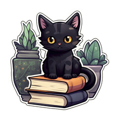 Cute Black Cat & Books Stickers Clipart isolated on Transparency Background