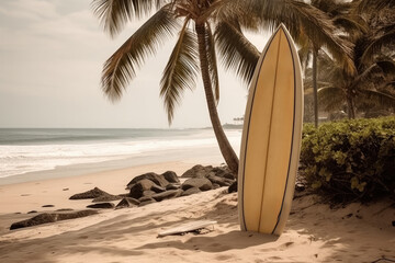 Hawaiian beach with palm trees and a surfboard set into the sand. Generative ai.