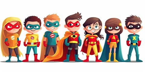 Yes team of kids characters on white background superheroes. Generative ai.