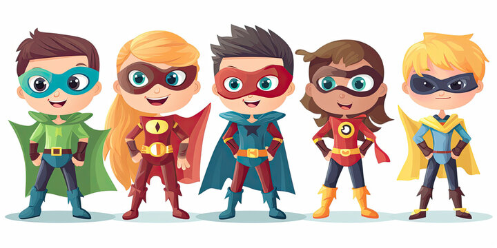A group of cheerful kids superheroes on a white background. Generative ai.