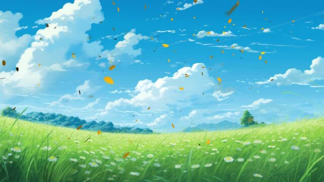 Sunny day weather on beautiful blue sky and green grass. Japanese anime watercolor painting illustration style. seamless looping video animated background.