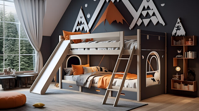 Dive into a world of imagination and fun with this captivating image of a kids' room. A loft bed boasts a slide that leads to a plush play area, where a teepee tent invites young explorers.