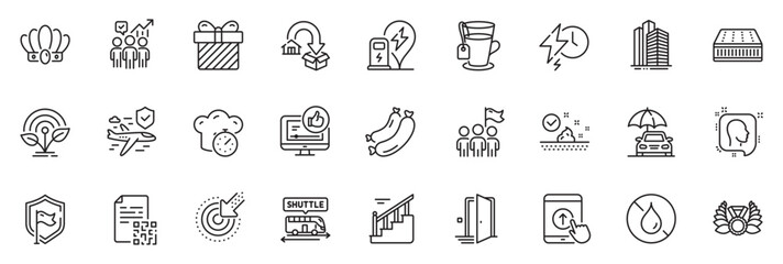 Fototapeta na wymiar Icons pack as Tea, Swipe up and Incubator line icons for app include No waterproof, Crown, Mattress outline thin icon web set. Car insurance, Sausage, Surprise pictogram. Door. Vector