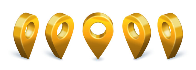 Fototapeta na wymiar Golden locator pin 3D icon. Location map pointer rotation animation, gold metallic navigational markers and premium find us symbol vector set