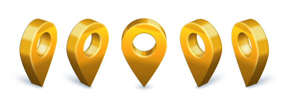 Golden Locator Pin 3D Icon. Location Map Pointer Rotation Animation, Gold Metallic Navigational Markers And Premium Find Us Symbol Vector Set