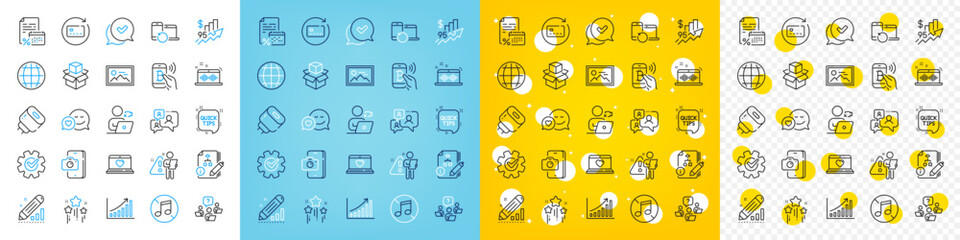 Vector icons set of Renew card, Bitcoin pay and Algorithm line icons pack for web with Video conference, Packing boxes, Stars outline icon. Graph chart, Quick tips, Phone photo pictogram. Vector