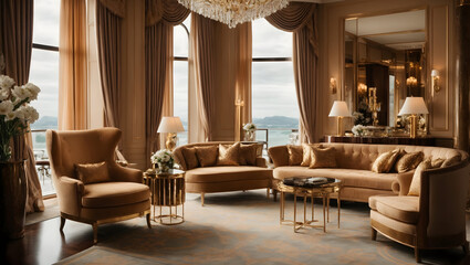 an opulent hotel suite with lavish furnishings, elegant decor, and stunning views