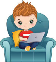 Vector Cartoon Cute Little Boy with Laptop