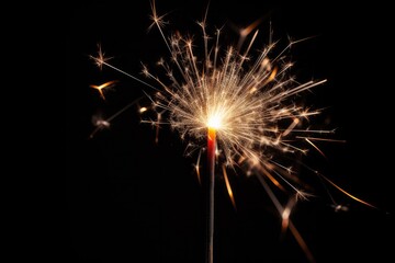 Sparks and fire from a glowing sparkler on a black background.