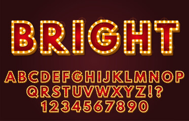 Glowing alphabet display font. Retro letters and numbers with light bulbs frames, nostalgic light sign lettering. Vintage signboard design vector bundle