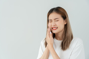 Asian woman feel toothache from gingivitis, female suffer tooth, decay problems, dental care....
