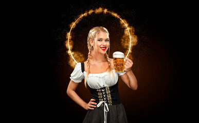 Young sexy Oktoberfest waitress, wearing a traditional Bavarian dress, serving big beer mugs on...