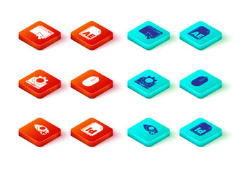 Set Red eye effect, ID File document, Laptop and gear, Computer mouse, AE file and Web design development icon. Vector