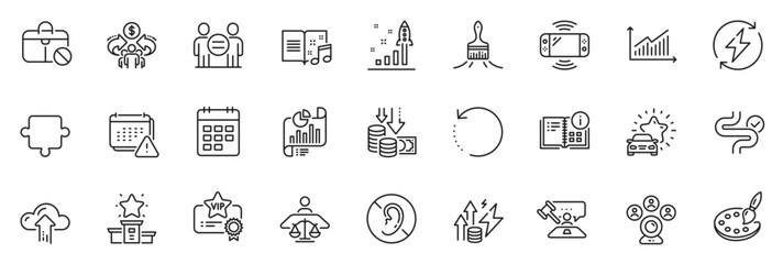 Icons pack as Vip certificate, Court judge and Calendar line icons for app include Brush, Graph, Palette outline thin icon web set. Report document, Puzzle, No hearing pictogram. Vector
