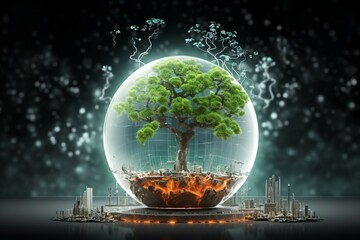 Converging realms Tree on globe, binary network backdrop where nature and tech unite Generative AI