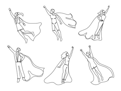 Continuous one line superhero. Man and woman fly with hero cape, super success employee and leader vector illustration set