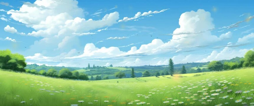 Sunny day weather on beautiful blue sky and green grass. Japanese anime watercolor painting illustration style. seamless looping video animated background. Anamorphic video