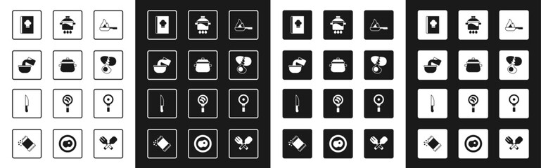 Set Frying pan, Cooking pot, Saucepan, Cookbook, Broken egg, and Knife icon. Vector