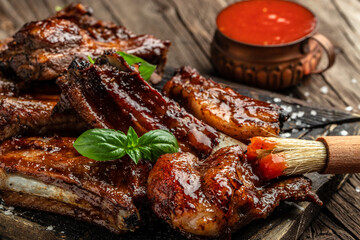 barbecue ribs with sauce. Food recipe background. Close up